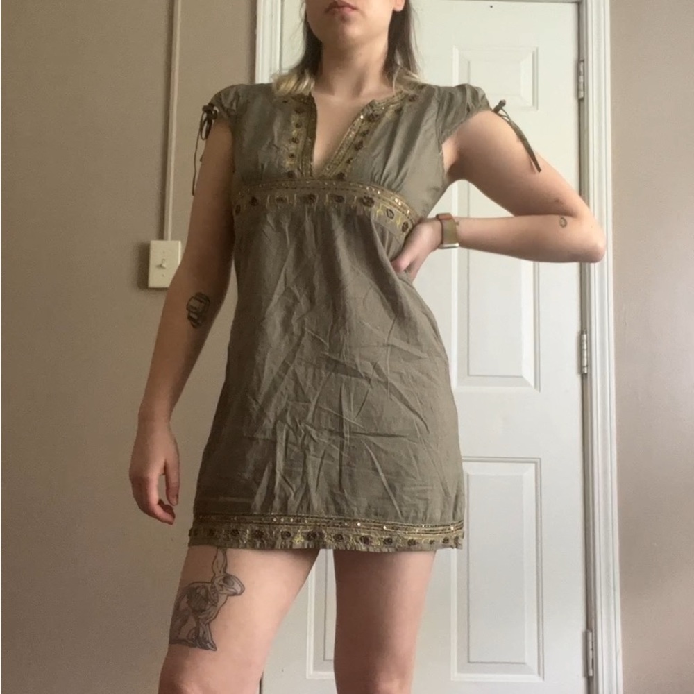 At Last beaded minidress, tie details, army green, size M